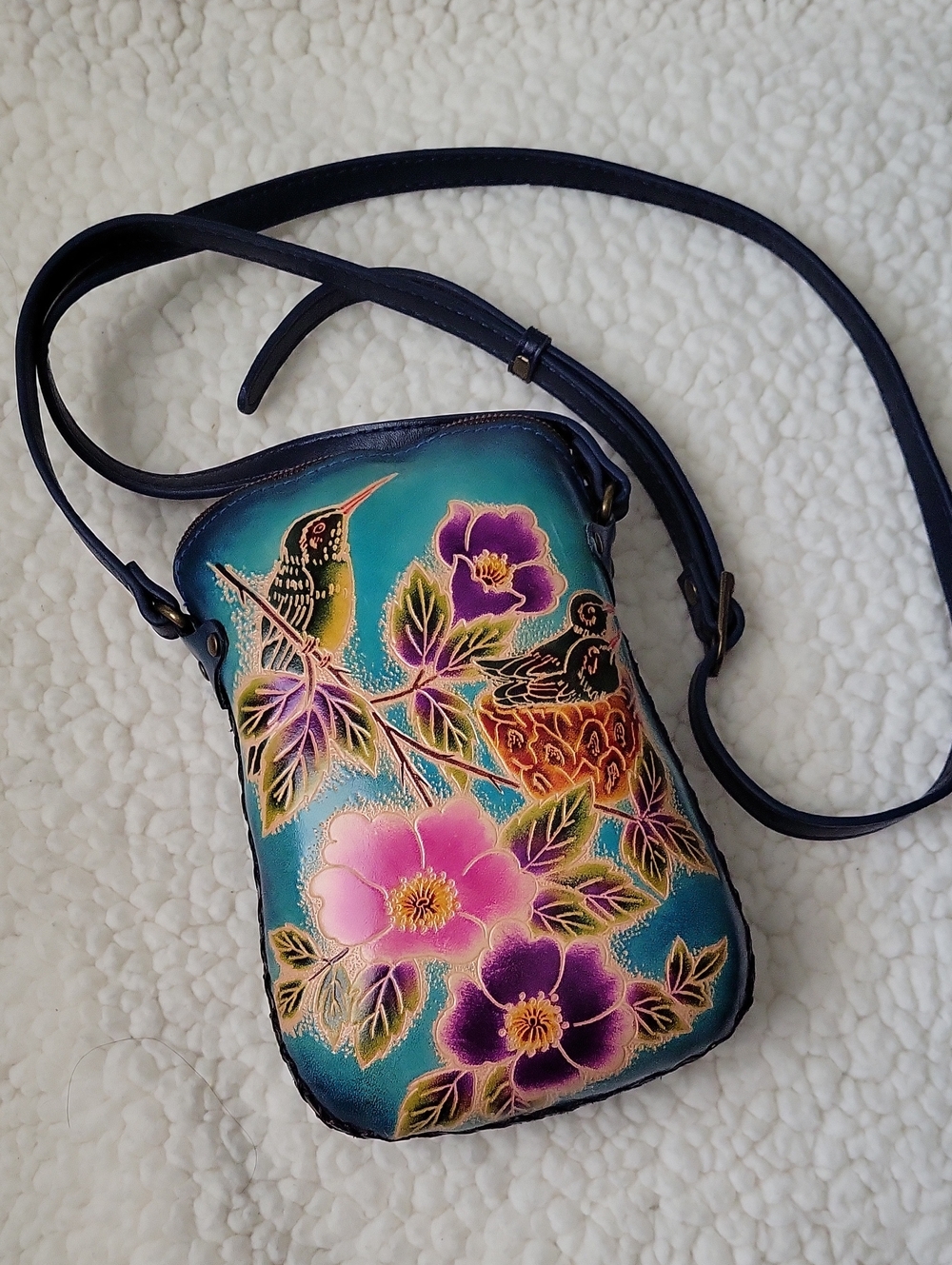 Hummingbird Themed Teal Floral Genuine Leather Hand-Painted Crossbody